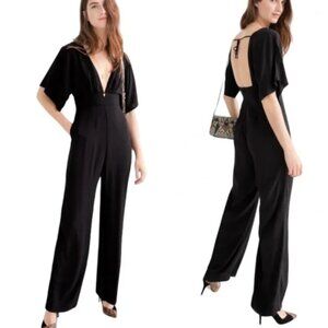 & Other Stories Plunge Neck V-Cut Wide Leg Black Jumpsuit | 4